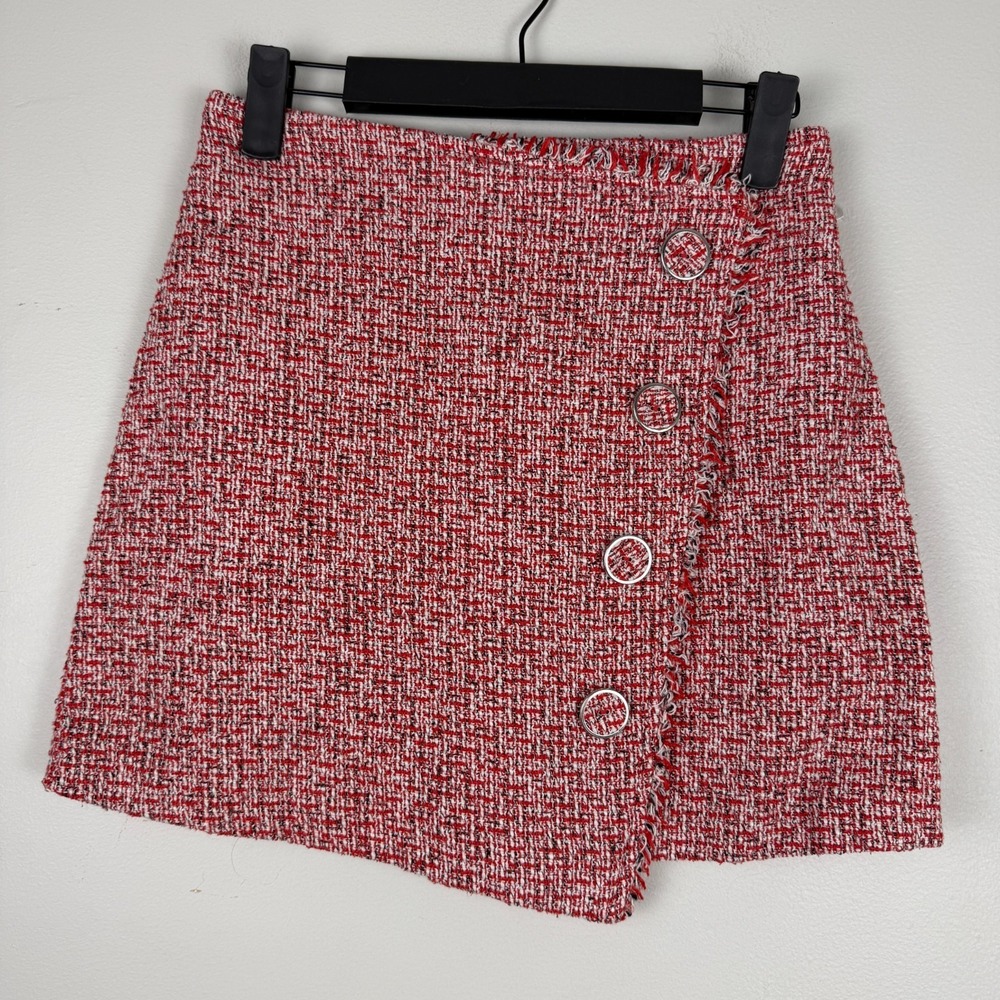 Topshop Asymmetric Wrap Mini Skirt Women's Sz 4 Red Tweed Cotton Back Zip Dressy